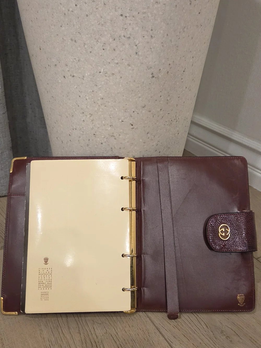 Vintage Gucci Burgundy Lizard-Embossed Leather Agenda Planner Cover With Gold